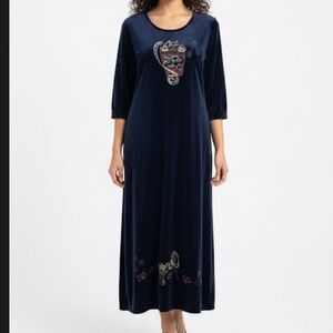 LIEBE Navy Blue Velvet Art-Pop full length dress, lounge dress size 1X Cats